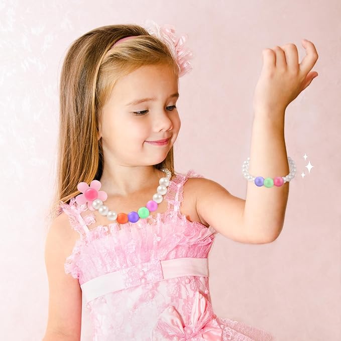 Sumind 6 Sets Play Jewelry for Little Girls Princess Necklace Bracelet Set Includes Kid Beaded Necklace Bracelet for Toddler Christmas Birthday Party Favors Cosplay(Colored Ball, Bowknot Style)