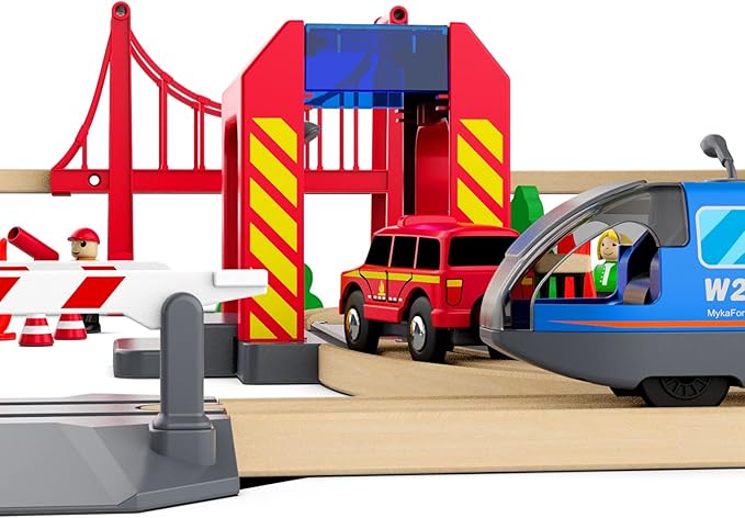 Wooden Train Track Expansion Pack, Train Accessories of City Fire Station Compatible for All Major Brands Train Set, Train Toys Railway System for Kids Ages 3 and Up.