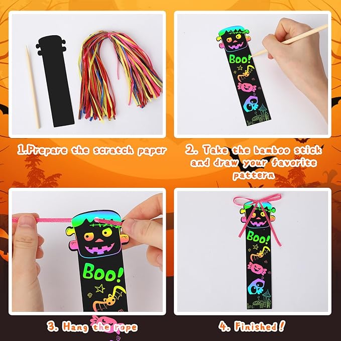 JUNEBRUSHS 30Pcs Halloween Scratch Bookmarks, Rainbow Magic Scratch Paper Art Pumpkin Bat Spider DIY Crafts Kit for School Classroom Activity Halloween Gifts