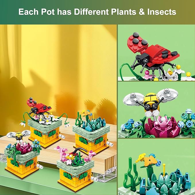 Toy Building Block, Insect Flowers Collection 4 in 1 Model Kit Bricks, Creative Insects Building Block Sets, Hobbies Christmas Birthday Gift for Nature Lovers Adult Kids Boys Girls 8+