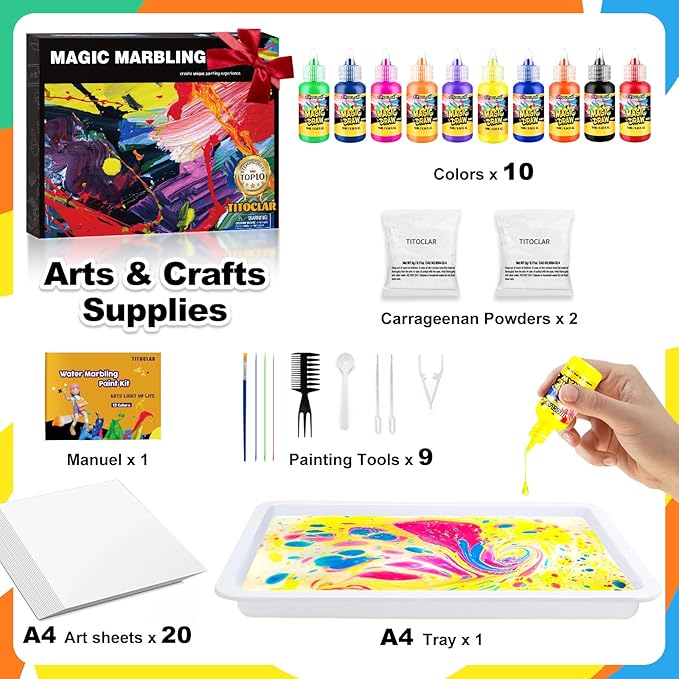 Water Marbling Paint Kit, Arts and Crafts For Kids,Birthday Gifts for Girls Boys 3+Years Old, Toys For Ages 8-13 5-7 3-6, Art Supplies for Kids