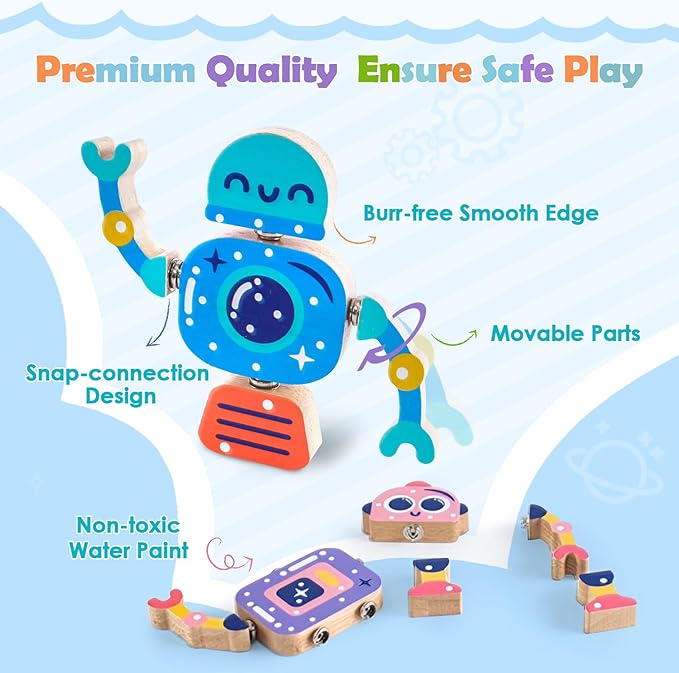 Wooden Snap-Together Building Toys, Robot Building Kit for Kids,STEM Building Blocks,Take Apart Playset 28pcs, Fine Motor Skill Montessori Educational Learning Toys Gift for 3 4 5 6 Years Kids