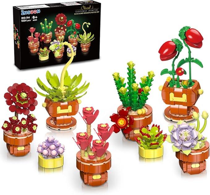 Succulent Flowers Bonsai Building Sets, 8 Packs Botanical Collection Building Block Kit for Home Decor, 1234 PCS Plant Building Toy Gifts for Adults Kids Girls Boys Ages 6 7 8 9 10 11 12+