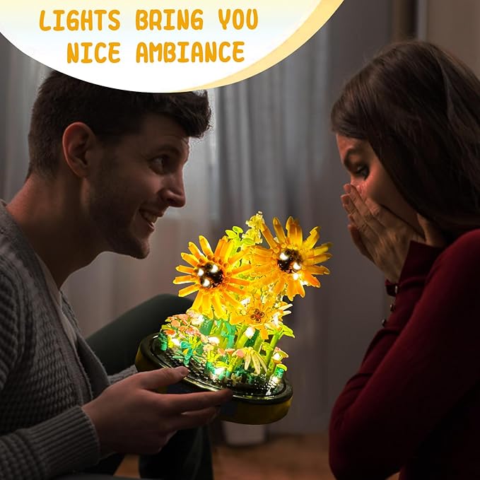 Topdear Sunflwer Building Block with LED String Light and Dust Cover, Flower Bouquet Building Set Gifts for Mothers Day, Valentines Day, Birthday, Anniversary, Christmas