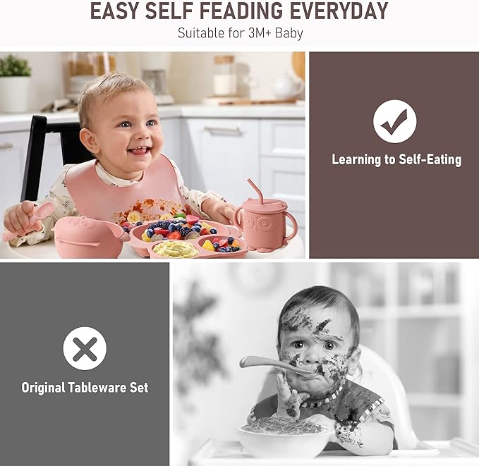 Baby Weaning Set, Silicone Baby Feeding Set(10 Pcs), Toddler Weaning Set with Adjustable Bib, Suction Bowl, Plate, Fork, Spoon, Water & Snack Cup Kit, Baby Led Weaning Kit for Babies and Kids