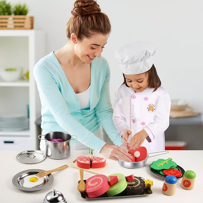 44PCS Play Kitchen Accessories, Wooden Play Food, Kids Kitchen Pretend Play Toys with Stainless Steel Play Pots & Pans Sets, Apron & Chef Clothes, Kitchen Toys for Toddlers Preschoolers Kids