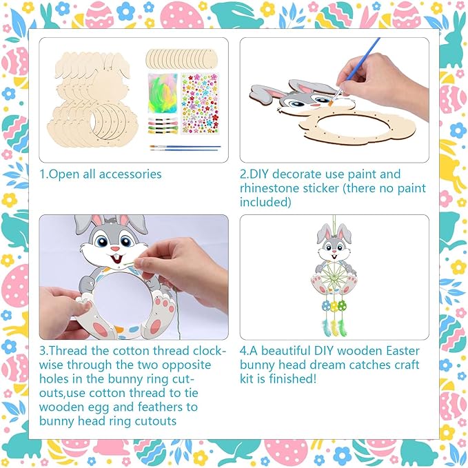 Fennoral 5 Pack Bunny Dream Catcher Craft Kit for Kids Paint You Own Easter Rabbit Dream Catcher Ornament DIY Coloring Wooden Easter Art and Craft for Art Activity Project Easter Decoration