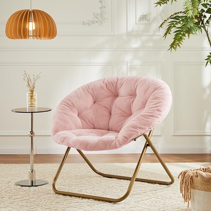 DUMOS Comfy Saucer Chairs, Faux Fur Lounge Bedroom Living Room Flexible Folding Seating for Kids Adults Soft Padded Metal Frame Modern for Home Office Pink