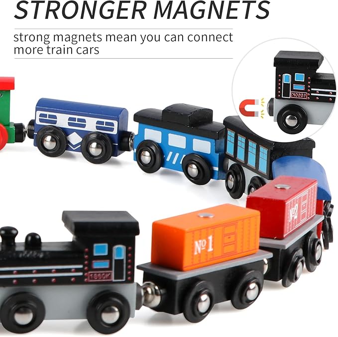 Wondertoys 16 Piece Magnetic Wooden Train Set for Toddlers - Includes Storage Bag and Track Accessories
