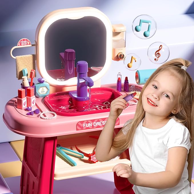 Pretend Play Girls Makeup Table Set with Stool,Kids Vanity Set with LED Lighted Mirror and Music，Toddler Beauty Salon Set with Makeup Accessories & Washbasin,Girls Vanity for Toddlers 3-5 Years Old