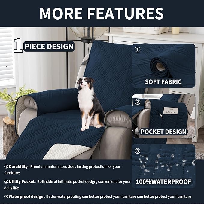 Easehomey 100% Waterproof Recliner Chair Covers, Non Slip Dog Chair Cover Furniture Protector Washable Chair Cover with Pocket, Elastic Straps for Kids,Pets,Dogs (Dark Blue, 23.6")