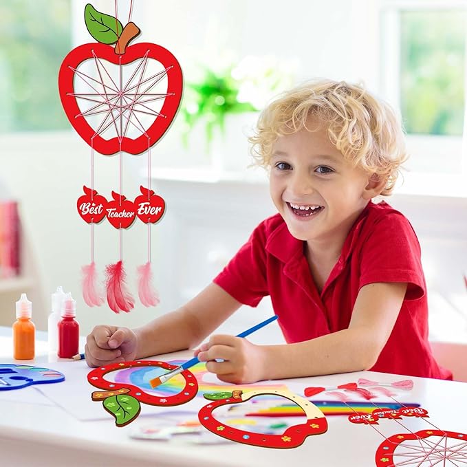 Fennoral 6 Pack Teacher Appreciation Dream Catcher Craft Kit for Kids Paint You Own Apple Dream Catcher DIY Coloring Wooden Art and Craft for Classroom Art Activity Teacher Appreciation Gifts