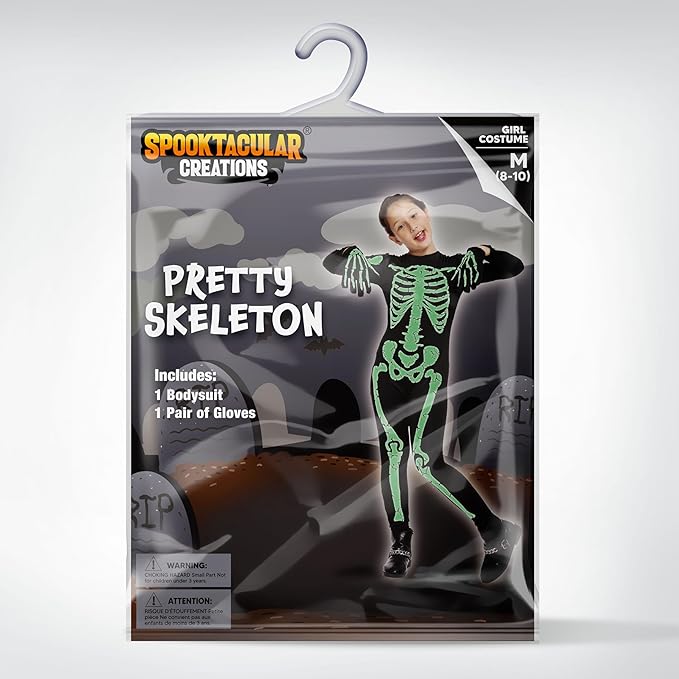 Spooktacular Creations Kids Halloween Skeleton Costume Glow-in-The-Dark for Girls, Toddlers Skeleton Jumpsuit for Cosplay