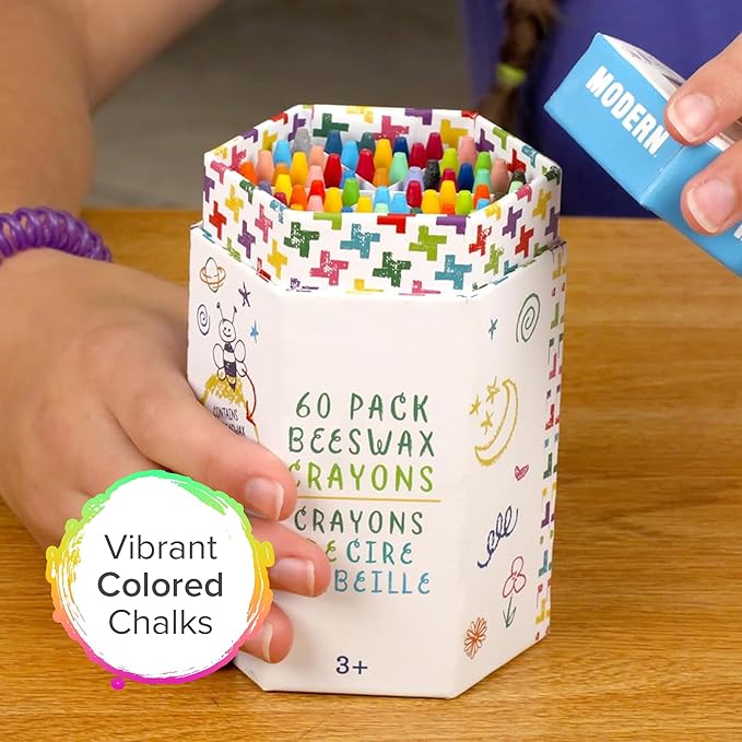 Kid Made Modern Beeswax Crayons for Toddlers & Kids (60 Pieces) - Coloring Non Toxic Crayons with Case & Built-In Sharpener (Ages 3+)