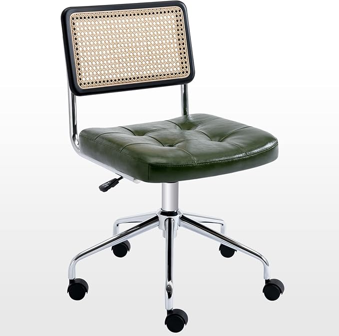 Zesthouse Mid Century Home Office Chair, Armless Desk Chair with Rattan Back, Adjustable Height Task Chair Vanity Chair for Girls Women, Upholstered Swivel Chair, Green Faux Leather