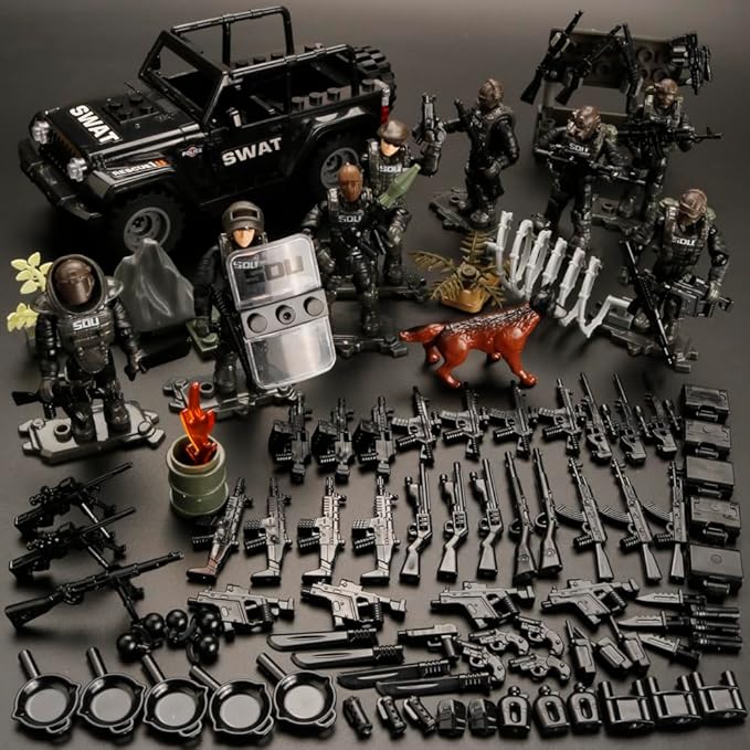 8 PCS Building Block City Policeman Mini-Figures with Multiple Military Weapons Accessories SWAT Equipment Military Vehicle Army Car Assembly Building Toys Gift for Boys