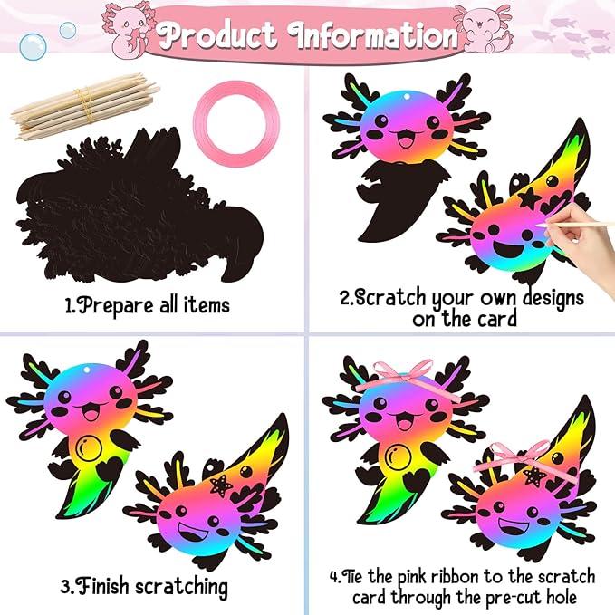 B1ykin 60Pcs Axolotl Scratch Card Gifts Ornaments Set, DIY Magic Axolotl Scratch Cards Craft Kit for Kids, Black Hanging Tags Party Favors for Birthday School Classroom Art Activity