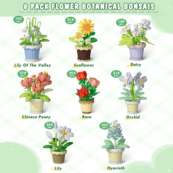 POKONBOY 8 Pack Flowers and Plants Building Set, Mini Bonsai Building Toy Blocks for Kids Adults, Botanical Collection Home Decor Gifts for Birthday Christmas Aged 8 and Up
