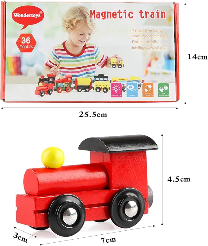 Wondertoys Wooden Train Cars 12 PCS Magnetic Train Sets Includes 3 Engines and Storage Bag - Wooden Train Set for Toddlers Compatible with Major Brands Train Set Tracks - Trains for Train Table