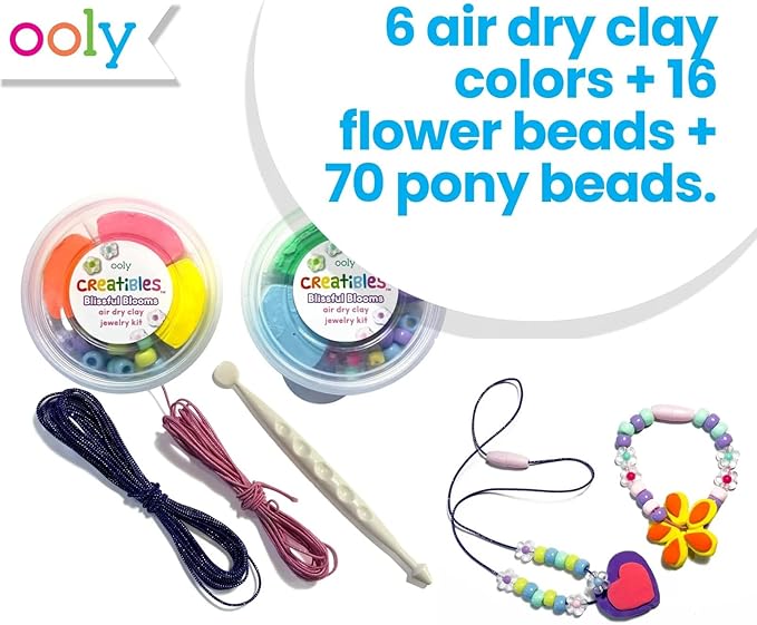 Ooly Creatibles Air Dry Clay Jewelry Kit for Kids, DIY Art Jewelry Making Kit with 6 Clay Colors, Beads, Shaping Tool, and Elastic Yarn, Non-Toxic Craft Supplies for Kids Ages 6 and Up