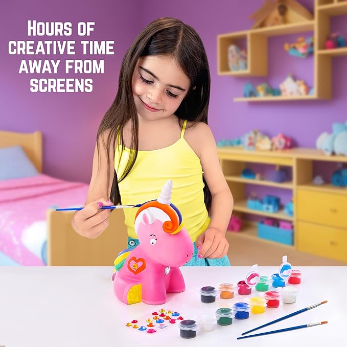 GirlZone Paint Your Own Unicorn Piggy Bank for Girls, Paint a Cute Unicorn with Cool Metallic Paints, Great Craft Kit for Kids and Fun Gift Idea