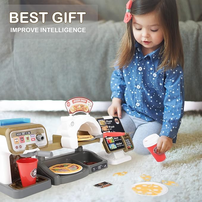 deAO Pretend Play Store Coffee Playset Kids Coffee Maker Play Set Pizzas Shop with Cash Register 30pcs STEM Toy for Kids Pre-School Pretend Toy for Toddlers Boys & Girls Age 3+