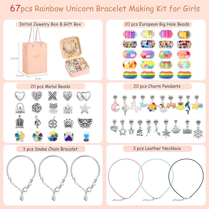 Charm Bracelet Making Kit for Girls 3-12, Kids Jewelry Making Kit 66Pcs Jewelry Kits for Girls Ages 8-12 Jewelry Maker Craft Necklace Birthday Christmas Gifts with Initial Jewelry Organizer Box - R