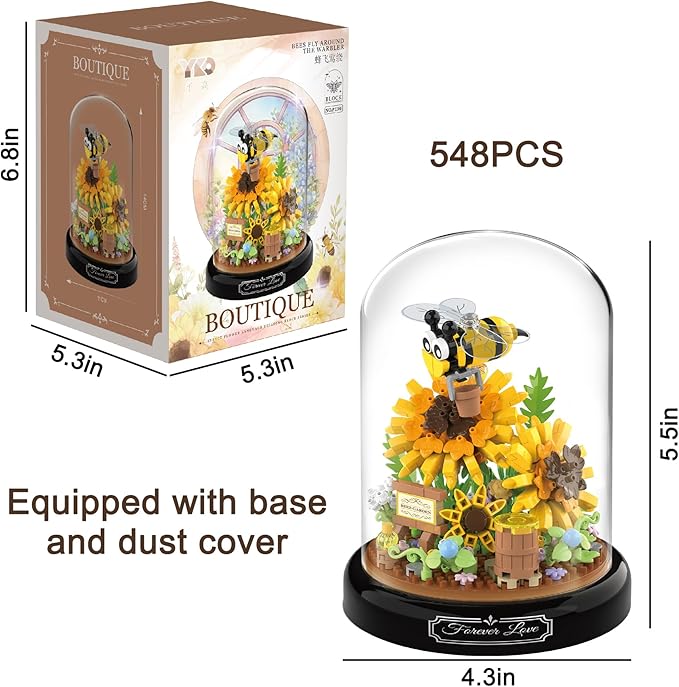 Bee Garden Building Blocks Set - 548 PCS Mini Brick Blocks with Base and Dust Cover, Artifical Flower Office Home Décor for Mother Friend Girlfriend
