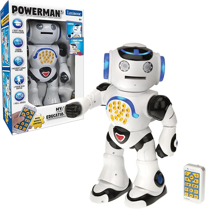 Lexibook Powerman - Remote Control Walking Talking Toy Robot, Dances, Sings, Reads Stories, Math Quiz, Shooting Discs, and Voice Mimicking, for kids 4+ - ROB50EN