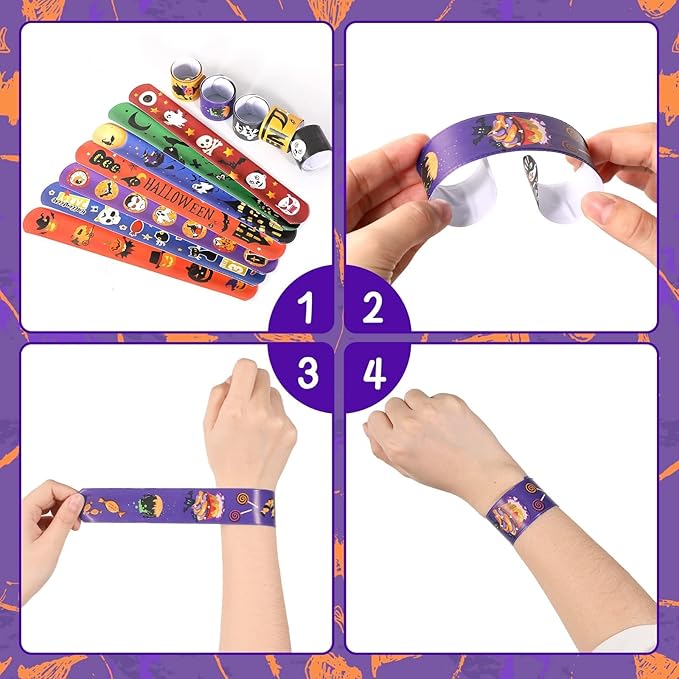 Garma 48Pcs Halloween Slap Bracelets Rubber Wristbands for Halloween Party favors, Kids Girls Boys Toddlers Halloween Gifts
