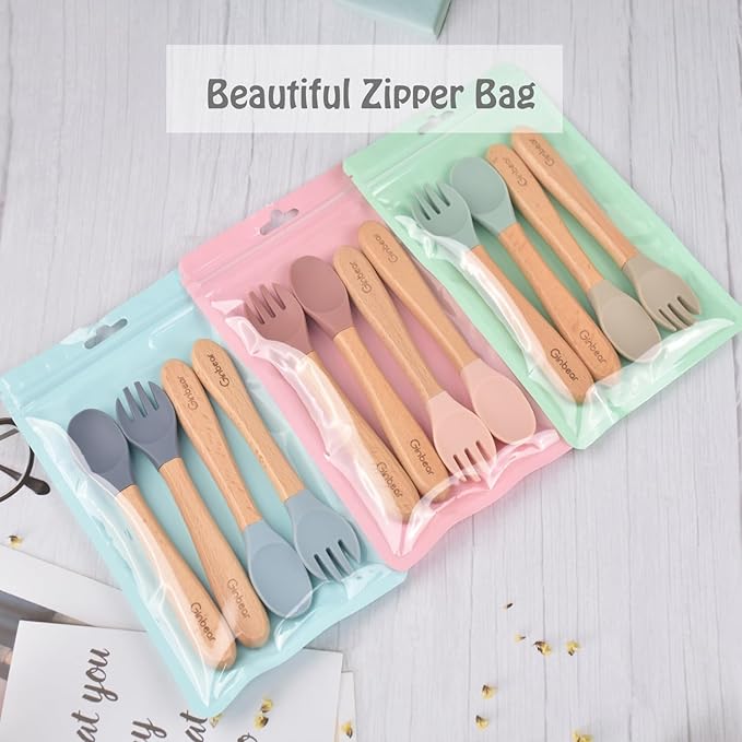 Ginbear Silicone Baby Spoon and Fork Set Self-feeding, Baby Flatware Sets, Toddler Feeding Utensils for Child 6 Months+ (Hazy Green/Almond)