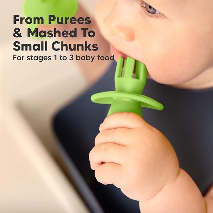 KeaBabies 4-Pack Silicone Baby Spoons and Forks Set - Baby Spoon Self Feeding, BLW Baby Utensils 6-12 Months, Baby Led Weaning Feeding Spoon, Teething Infant Baby First Food Training Pre Spoon (Kea)