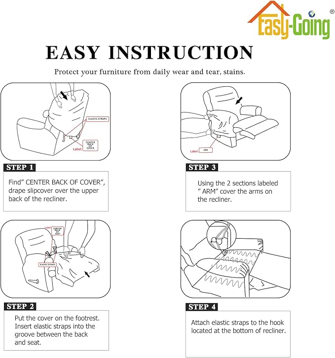 Easy-Going 4 Pieces Microfiber Stretch Recliner Slipcover – Spandex Soft Fitted Sofa Couch Cover, Washable Furniture Protector with Elastic Bottom for Kids,Pet (Greyish Green)