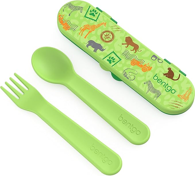 Bentgo Kids Utensil Set - Reusable Plastic Fork, Spoon & Storage Case - BPA-Free Materials, Easy-Grip Handles, Dishwasher Safe - Ideal for School Lunch, Travel, & Outdoors (Safari)