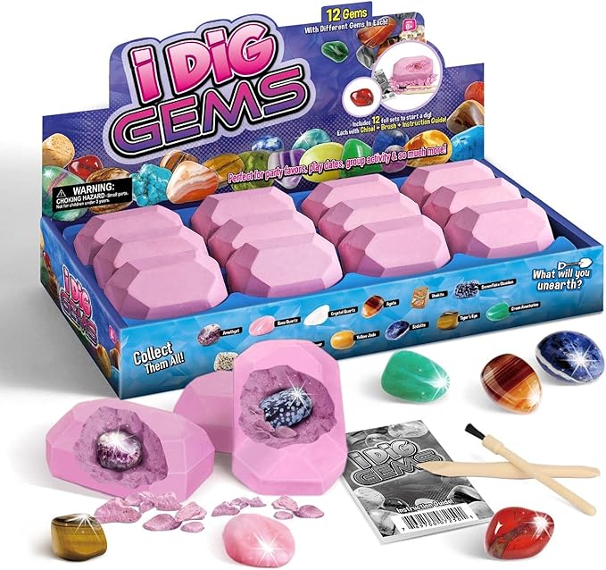 Byncceh Gemstone Dig Kit - Dig up 12 Real Gems, Mineral & Rock Collection Gemstones and Crystals Excavation Kit for Kids STEM Toys Science Educational Birthday Gifts for Boys & Girls
