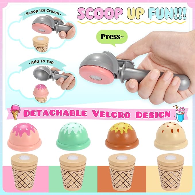 INNOCHEER Ice Cream Toy, Wooden Ice Cream Play Set, Pretend Play Kitchen Toys, Ice Cream Toys for Toddlers, Ice Cream Cart Play Store, Gifts Toys for 3 4 5 6 7 8+ Year Old Girls Boys