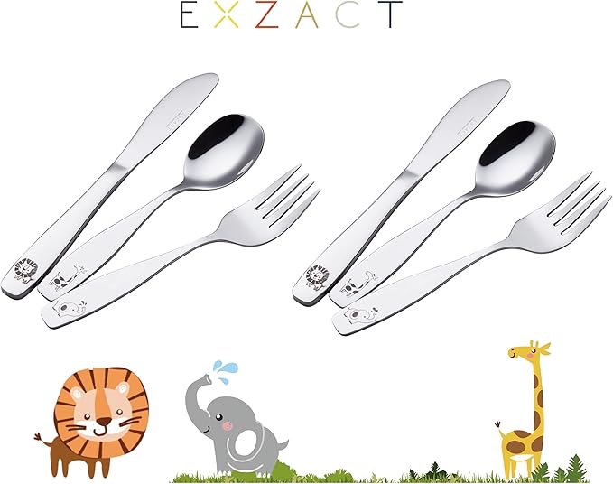 Exzact Kids Flatware 6pcs Toddler Utensils Children Silverware 18/10 Stainless Steel - Dishwasher Safe, 2 Years + (Safari)