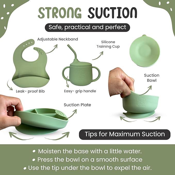Silicone Baby Feeding Set, Eating Utensils with Suction Plate and Bowl, Baby Led Weaning Supplies, Toddler Self Feeding Dish Set, Waterproof Bib, Baby Feeding Essentials, Spoon 10pcs (Green)
