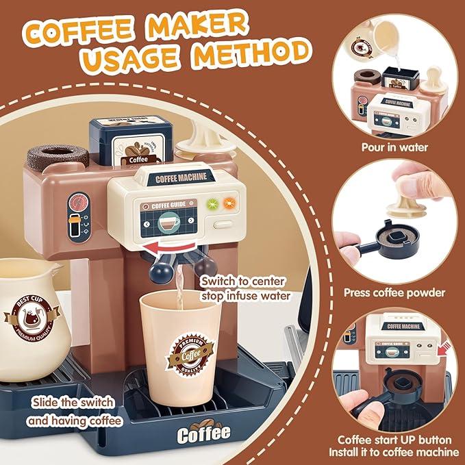 Pretend Role Play Toy Kids Coffee Maker Playset, ACROFEK Toy Coffee Maker with Sound Light, Play Coffee Maker Set for Kids with Fake Donuts (41PCS)