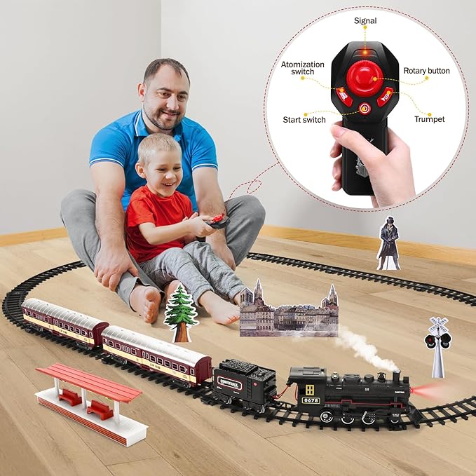 Train Set for Kids,Remote Control Locomotive Engine Under Christmas Tree,Electric Model Train W/Carriages and Long Tracks,Train Toy Gift for Boys Girls Age 4-12