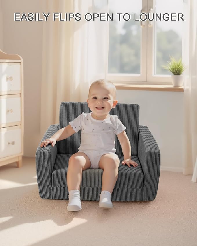Toddle & Kids Chair,2-in-1 Soft Toddler Couches That Fold Out,Toddler Chairs Comfy 1-3 Years Old,Convertible Sofa to Lounge,Grey