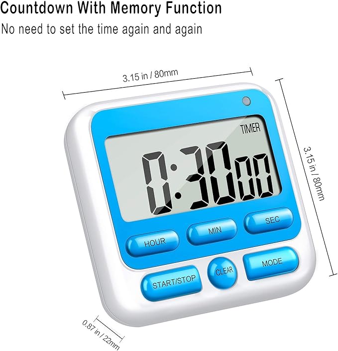KTKUDY Digital Kitchen Timer with Mute/Loud Alarm Switch ON/Off Switch, 24 Hour Clock & Alarm, Memory Function Count Up & Count Down for Kids Teachers Cooking, Large LCD Display, Strong Magnet (Blue)