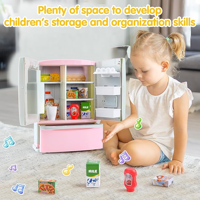 PLAY Kids Kitchen Refrigerator with Ice Dispenser, Pretend Play Fridge Kitchen Set for Toddlers, Toy Kitchen Appliance Accessories for Girl Boy Christmas Birthday Gift Age 1-3 4-8