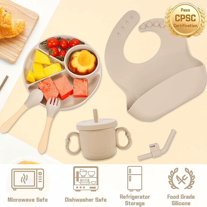 Silicone Baby Feeding Set, Baby Led Weaning Supplies, Silicone Suction Plate, Bowl, Spoons, Fork, Waterproof Bib, Cup and Food Tableware, Eating Utensils Baby Feeding Essentials for 3+ Months