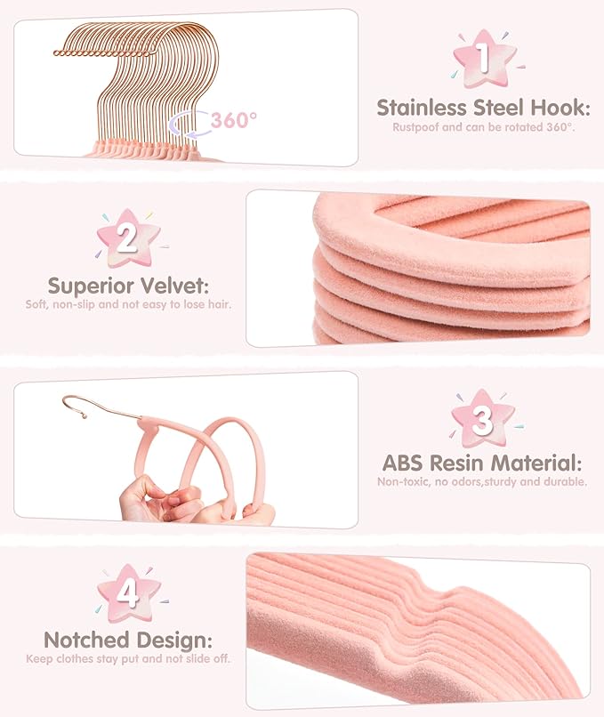 Baby Hangers, VIS'V 11 Inch Pink Velvet Kids Hangers with 6 Pcs Size Dividers Non Slip Nursery Children Closet Clothes Hangers for Infant Toddler Girls and Boys 50 Pcs
