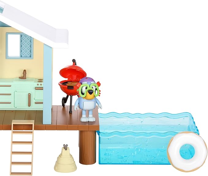 Bluey Beach Cabin Playset, with Exclusive Figure with Goggles. Includes 10 Play Pieces and Sticker Sheet