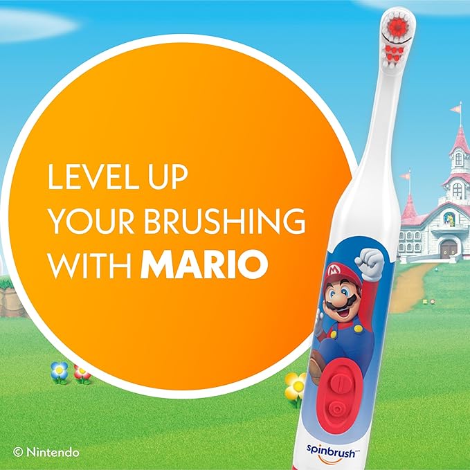 Spinbrush Super Mario Kid’s Electric Battery Toothbrush, Soft, 1 ct, Character May Vary