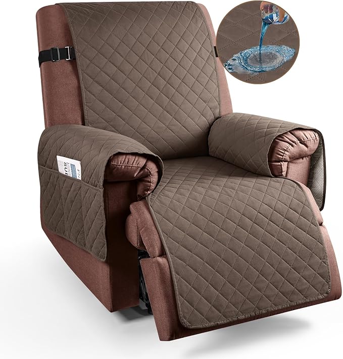 KinCam 100% Waterproof Recliner Chair Cover, Reclining Couch Covers for Pets, Dogs, Recliner Couch Slipcover Furniture Protector with Elastic Straps for Kids(23.6", Brown)