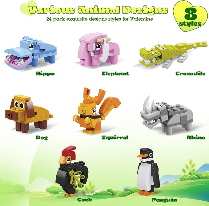 Valentines Day Gifts for Kids - 24 Pack Prefilled Animal Building Blocks with Valentine's Day Cards Sets for School Classroom Class Party Favor, Valentines Crafts Exchange for Boys Girls Teens