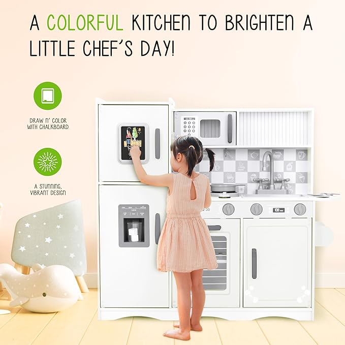 Lil' Jumbl Kids Kitchen Set, Pretend Wooden Play Kitchen with Chalk Board, Play Phone, Towel Rack & Ice Dispenser, Clicking Knobs, Pots & Utensils Included - White